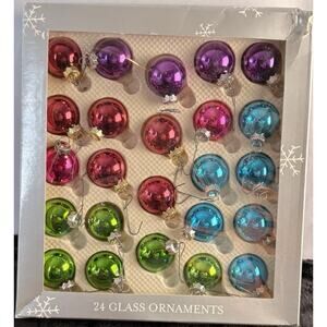 VTG SET OF 24 MINI GLASS CHRISTMAS ORNAMENTS  IN ORIGINAL BOX. MULTI COLORED